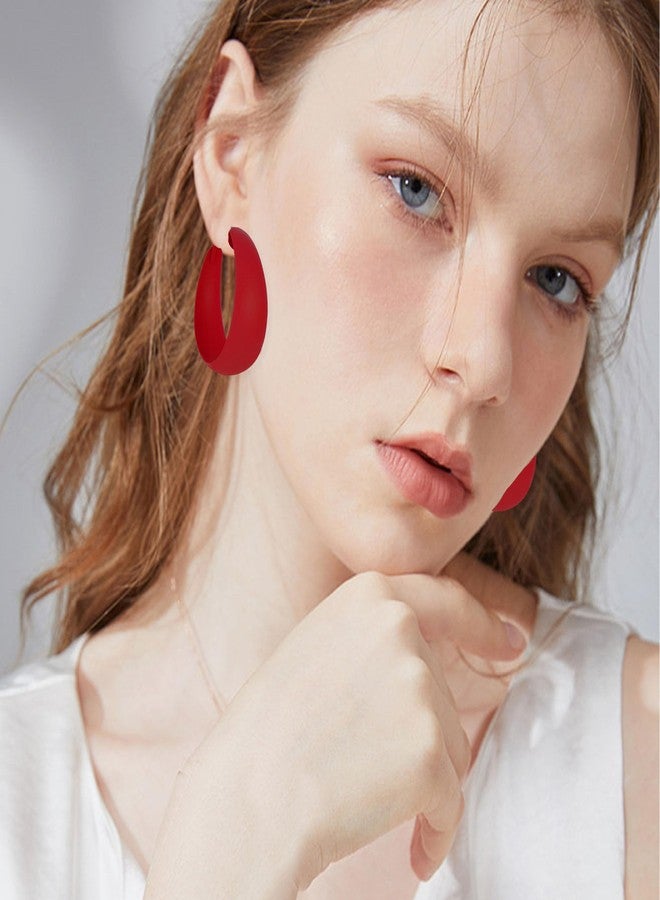 Anmpab Large Matte Round Hoop Earrings for Women Retro Geometric Pierced Neon Color Circle Dangle Earrings Party Jewelry (Red) - Image 3